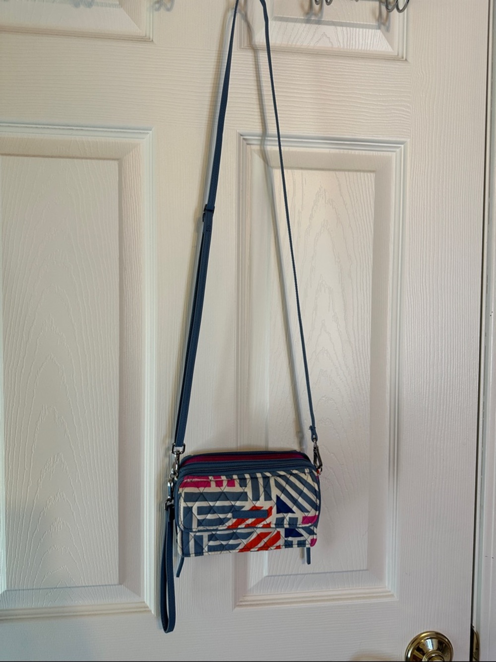 Vera Bradley Blue Geometric Crossbody with Pink and Orange Accents